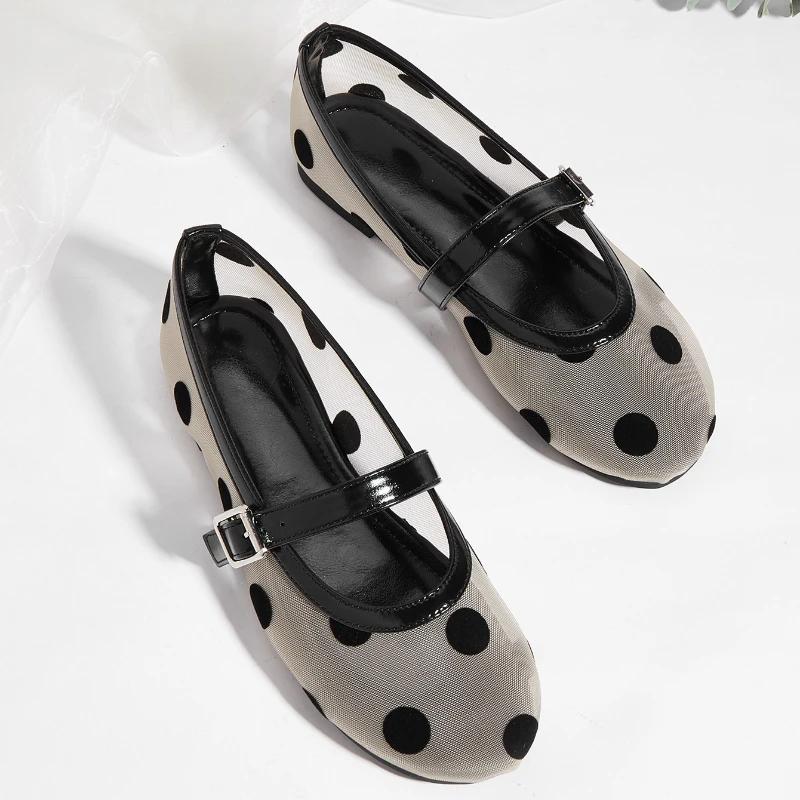 Fashion Breathable Mesh Black Polka Dot Ballet Flats Fashion Shallow Flat Sandals Women Comfortable Round Toe Plus Size Mary Jane Shoes