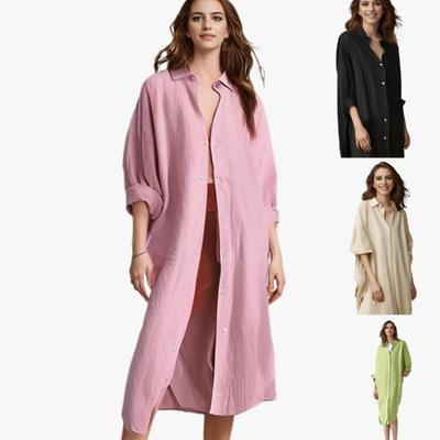Solid Color Fashion Shirt Women's Cotton and Linen Loose Pocket Mid Length Shirt
