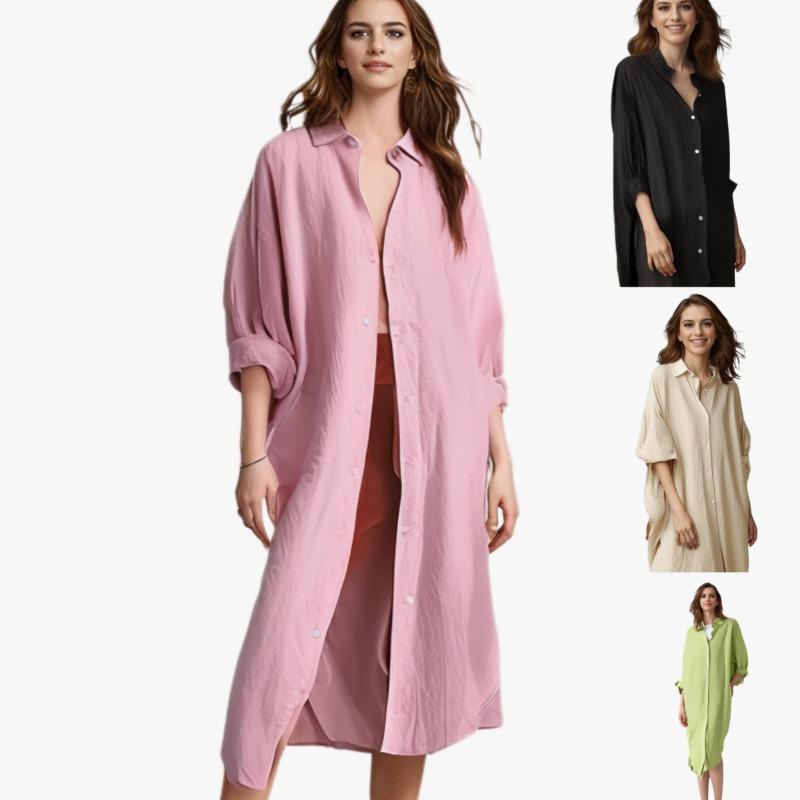 

Solid Color Fashion Shirt Women s Cotton and Linen Loose Pocket Mid Length Shirt S білий