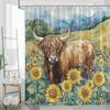 1pc Highland Cow Shower Curtain - Watercolor Pastoral Scene with Shaggy Brown Fur, Curved Horns & Vibrant Sunflowers, Realistic