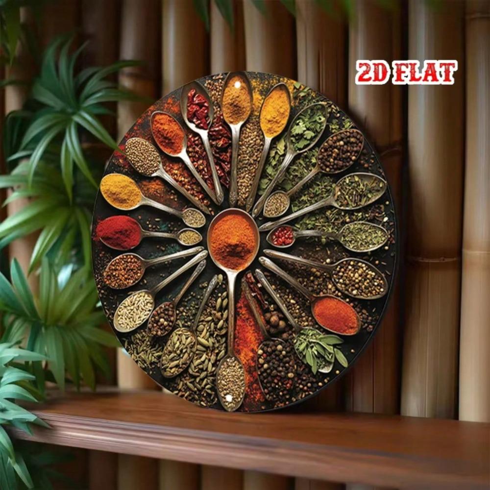Round Metal Wall Art Spice Motif Dark Background Coastal Farmhouse Living Room Decor