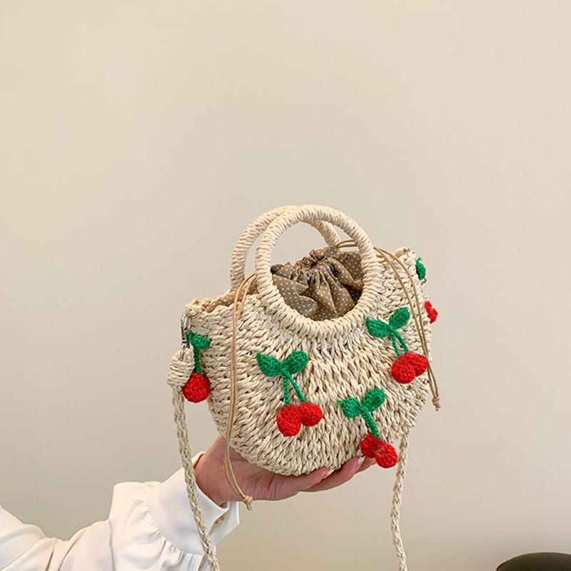 Yogodlns Bolsa de Palha Cereja Feminina Bolsa de Mão Tecida à Mão Formato de Lua Bolsa de Rattan Grande Capacidade Cordão Casual Bolsa de Ombro Cruzada para Praia