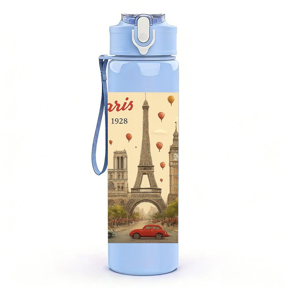 1PC Paris Eiffel Tower Retro Card 750ml Color Plastic Sports Water Bottle Leakproof Flip Straw Lid For Sports Office Home Use