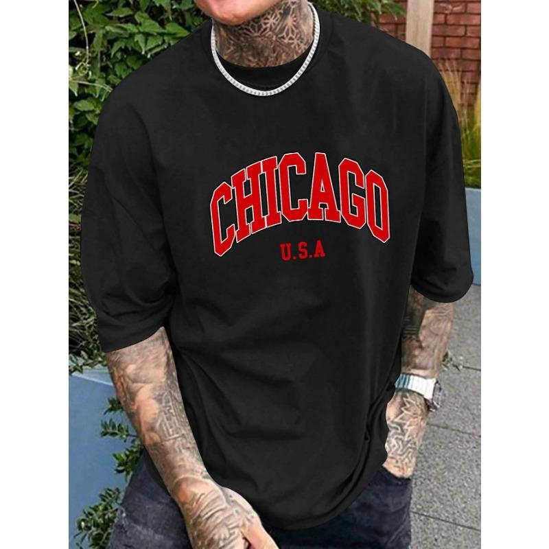 Men's Summer CHICAGO Letter Printed Casual Cotton T-Shirt Fashion Round Neck Short Sleeve Loose Large Couple Street T-shirt