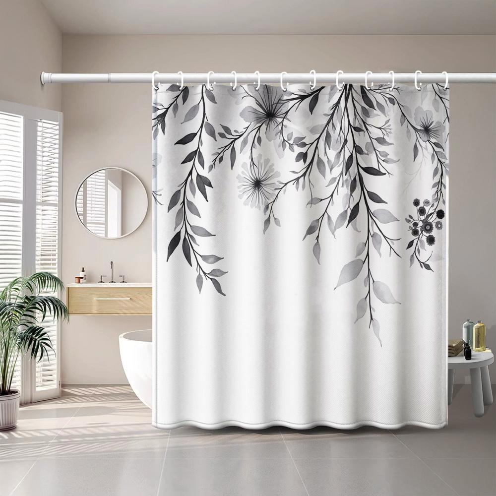 

Watercolor Black Leaf And Floral Pattern Shower Curtain, Polyester Fabric, Machine Washable, With Hooks, Bathroom Decoration. W60H190(CM)-1 Pcs
