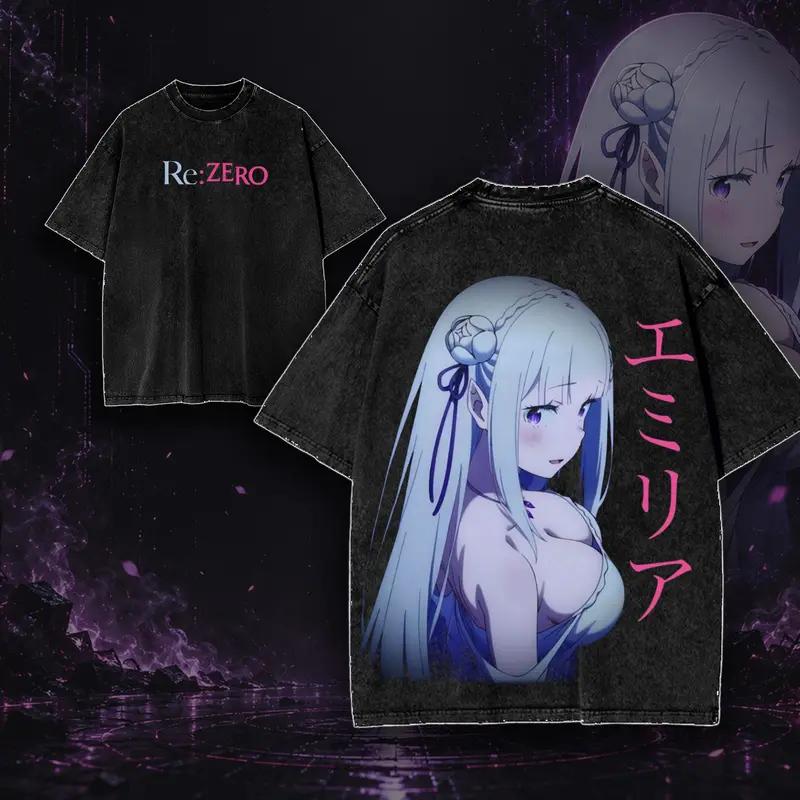 Anime Re ZERO Starting Life In Another World Emilia Clothing Men Women Tshirts Washed Cotton Tee Retro T-shirt Harajuku T Shirt