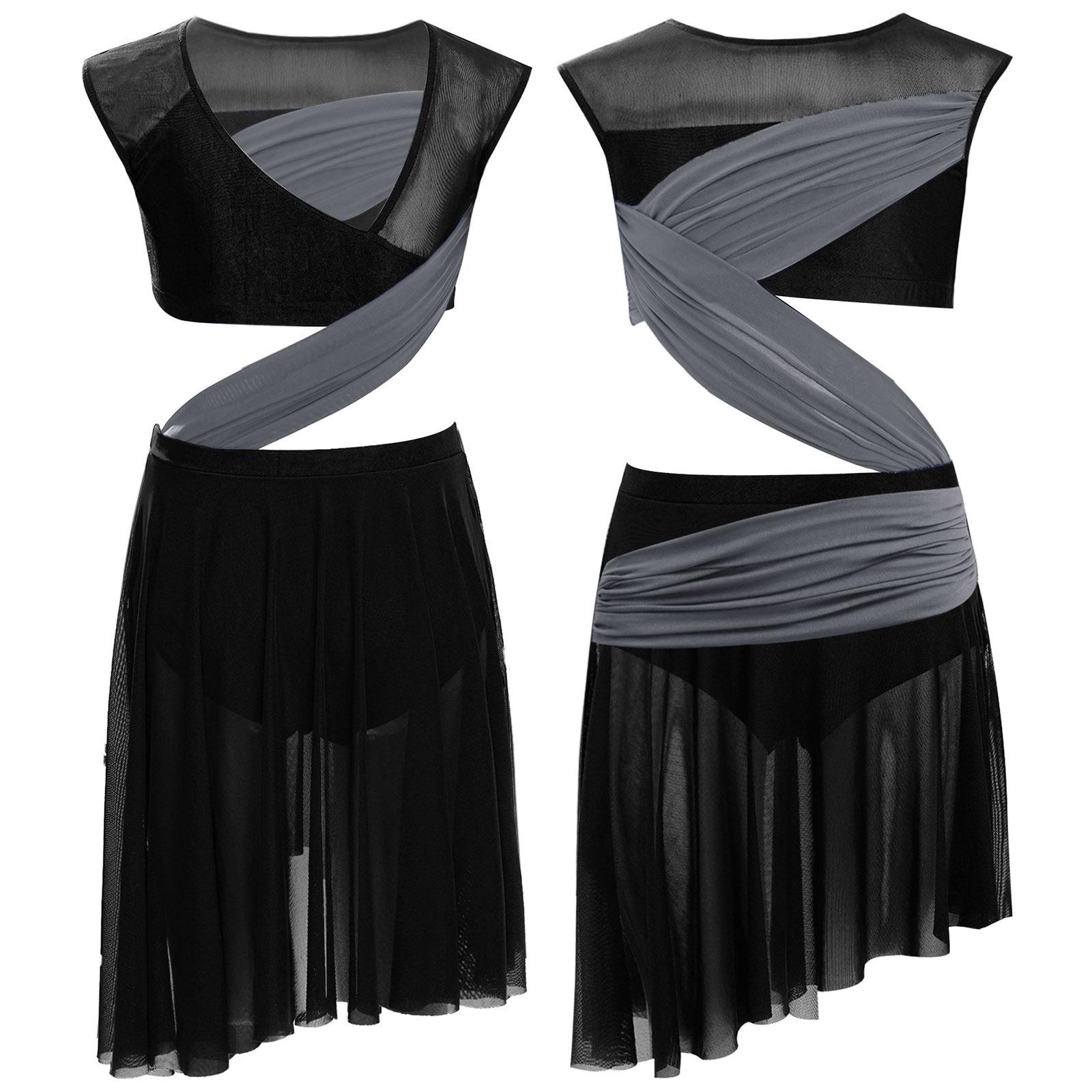 

Дівчаче ліричне танцювальне плаття Суцільне Без рукавів Прозора сітка Печворк Асиметричний поділ Костюм для виступу 5-6 Years чорний