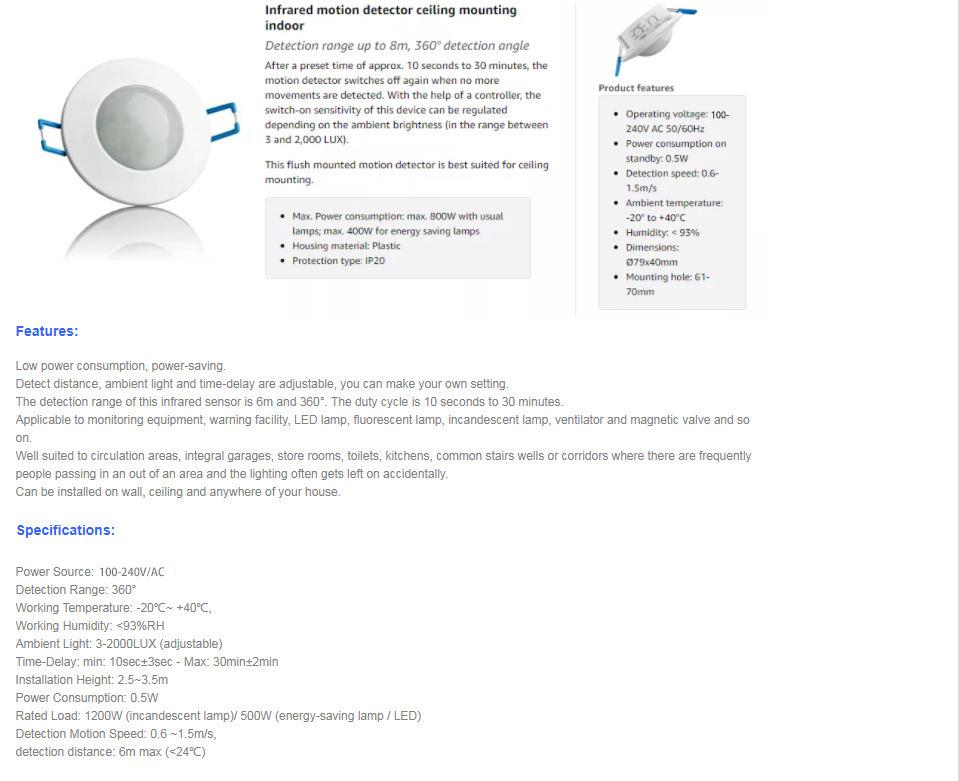 Ceiling-Mount PIR Infrared Body Sensor Switch