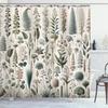 Neutral Shower Curtain, Exotic Botanical Illustration of Leaves Pastel Tones Ferns and Palms, Cloth Fabric Bathroom De
