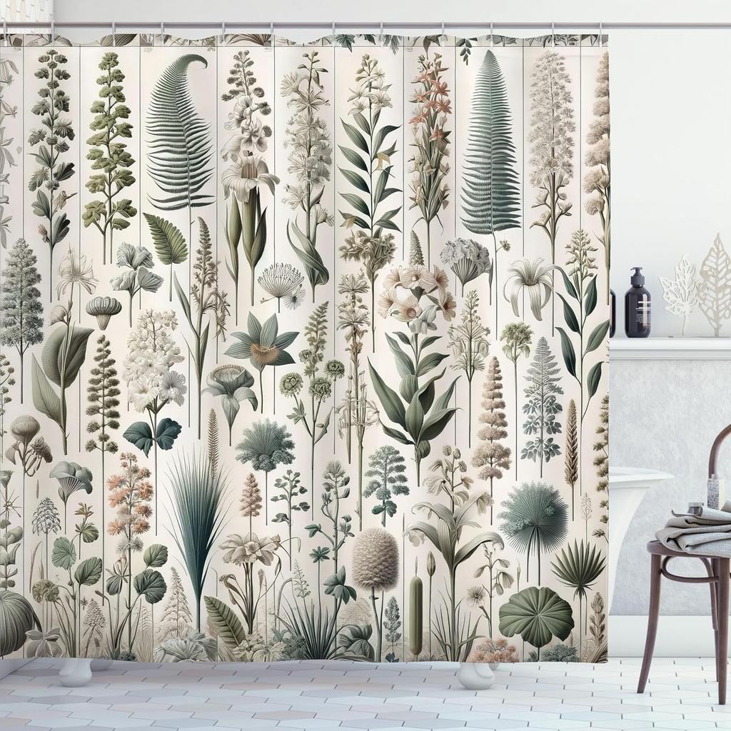 Neutral Shower Curtain, Exotic Botanical Illustration of Leaves Pastel Tones Ferns and Palms, Cloth Fabric Bathroom De
