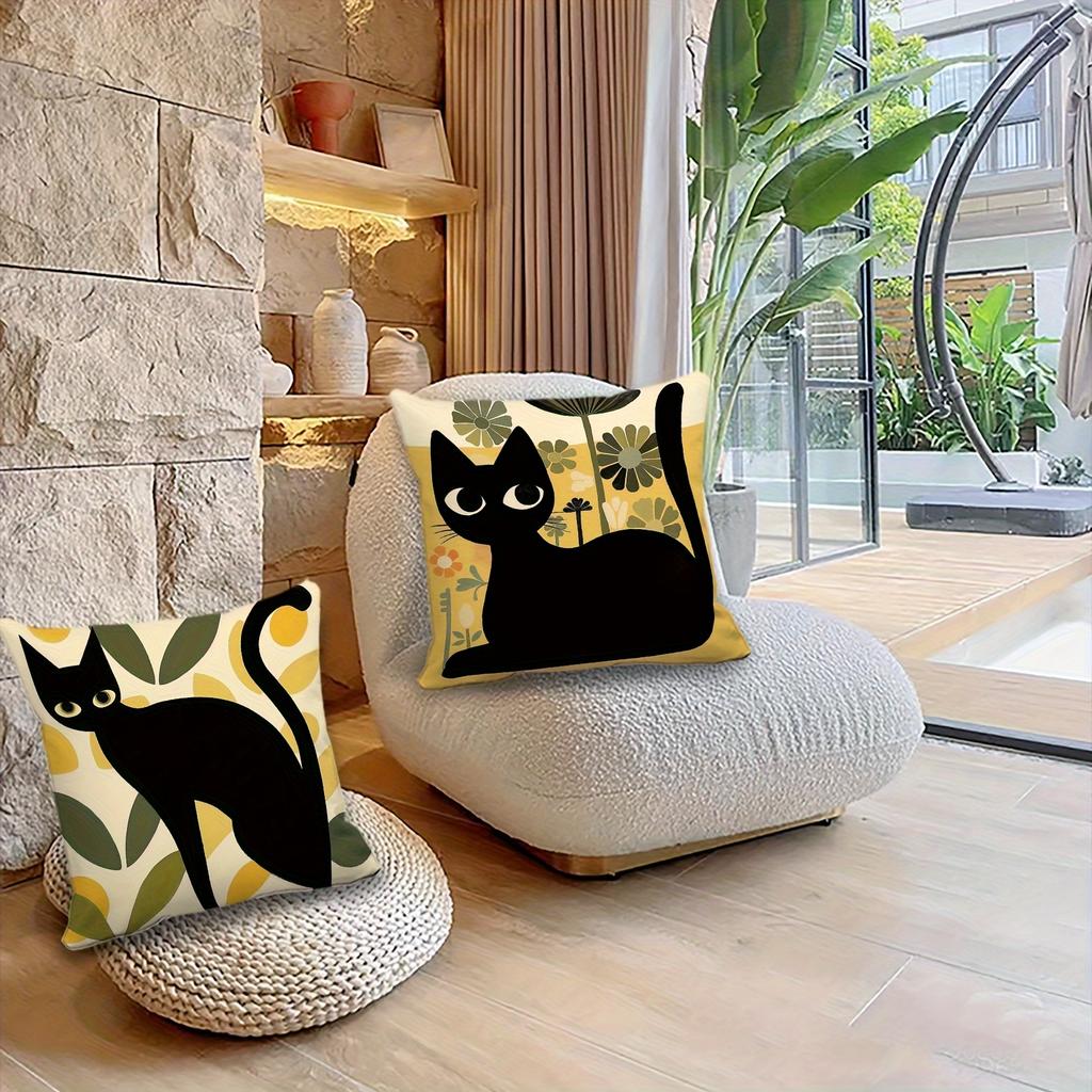 4pcs Vintage Chic Black Cat Polyester Pillow Covers - Whimsical Floral & Leaf Patterns, Machine Washable with Zipper, Perfect, Living Room, Bedroom, O