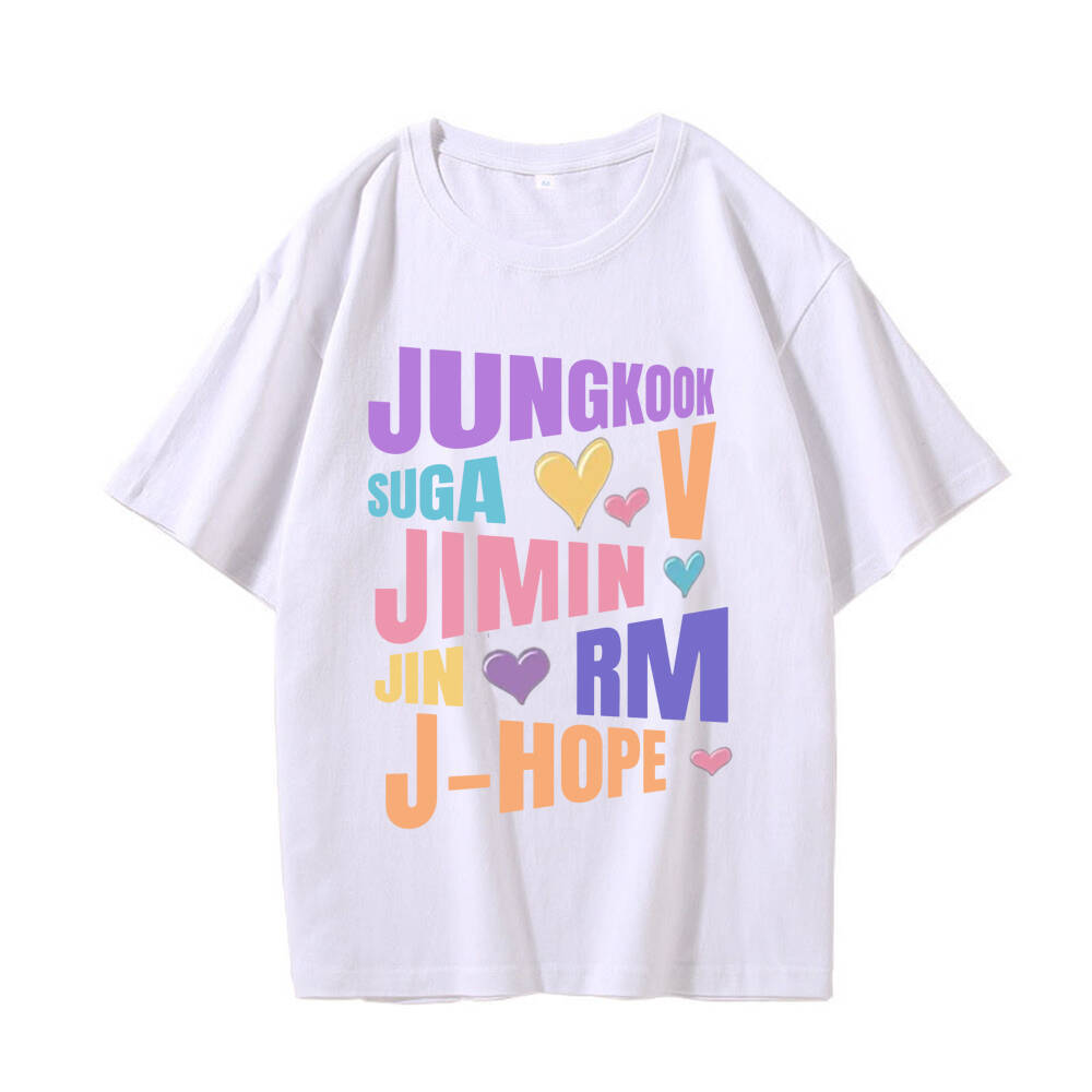 Kpop BTS Mitglieder Namens T-Shirt, Süßes Buntes Herz Grafik-T-Shirt, Jimin Jungkook V Suga Jin RM J-Hope Kurzarmshirt, Oversized Oberteil Geschenk für ARMY