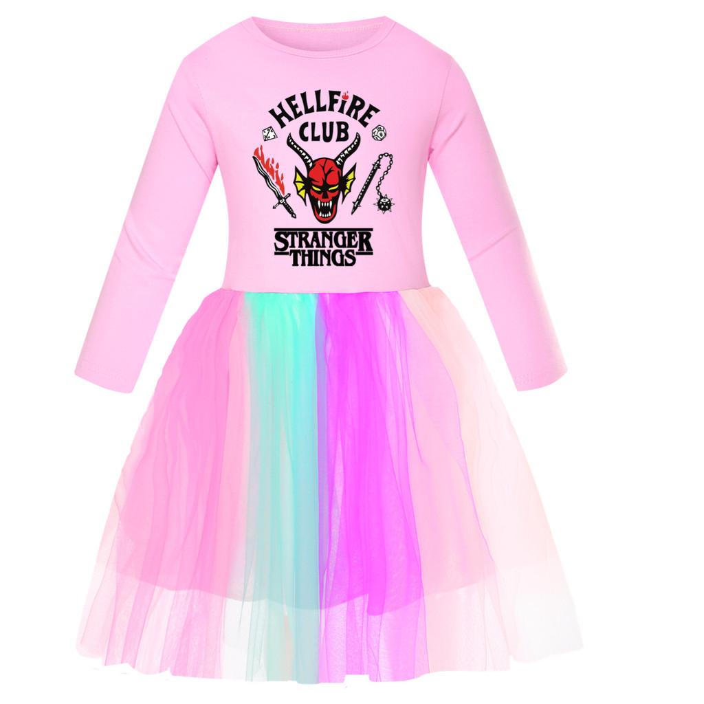 5253 Kids Girls Stranger Print Mesh Rainbow Round Neck Casual Casual Cotton Dress