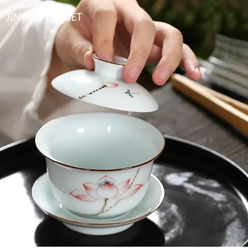 

Керамическая чайная супница с ручной росписью, портативный чайник Three-cai Gaiwan, домашний белый фарфоровый чайный сервиз с крышкой, чашка 200 мл
