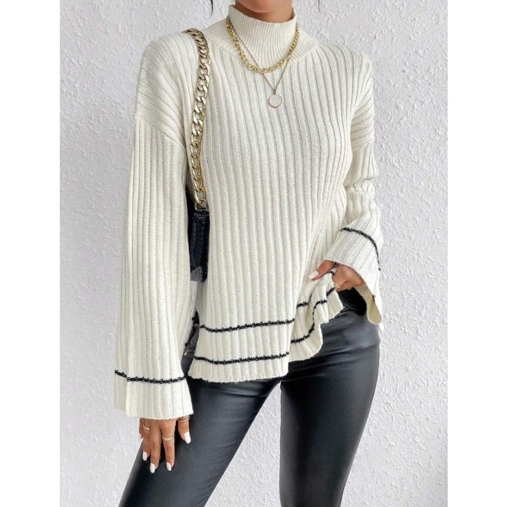 Women s Mock Neck Long Sleeve Contrast Stripe Ribbed Knit Loose Pullover Sweater Autumn Casual Top XS белый