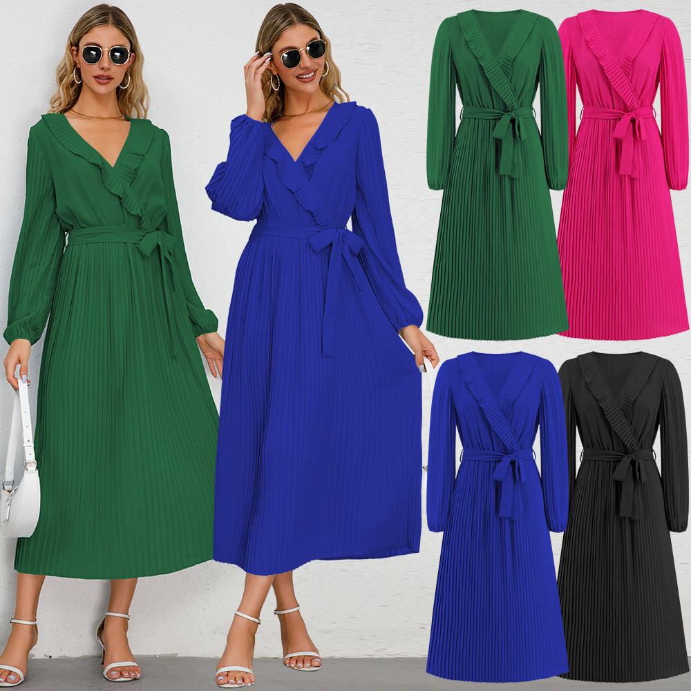 

Women Fashion Casual Elegant V Neck Bandage Pleat Long Sleeves Party Midi Long Dress