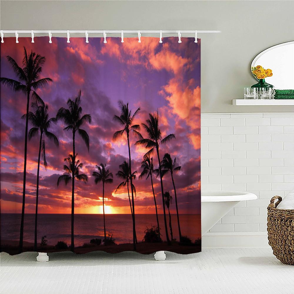 Sunset Dusk Beach Palm Tree Seaside Scenery Fabric Shower Curtain Waterproof Bath Curtains For Bathroom Decorate With 12 Hooks