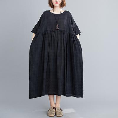 Plus Size Black Long Dress for Women Loose Casual Cotton Linen Vintage Robe Summer Dresses