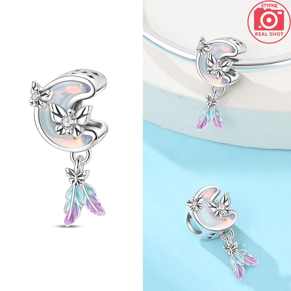 

Colorful Dream Catcher Moonlight Butterfly Feather Authentic Pendant copper Bead Compatible With Women Bracelets Valentine Gift