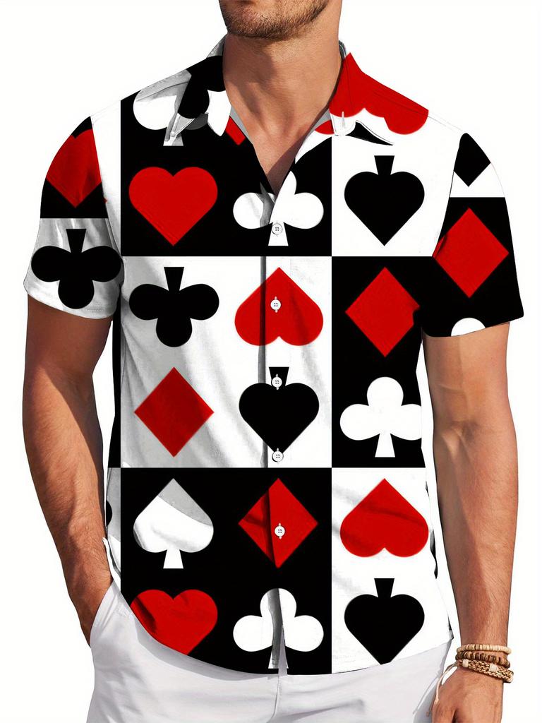 Camicia da Uomo a Maniche Corte Stile Bohemien con Stampa di Carte da Poker - Casual Button-Up con Design Rosso, Nero e Bianco, Perfetta per Tutte le Stagioni, Casual