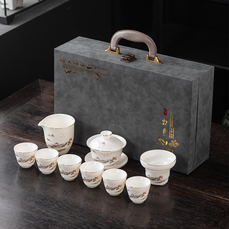 

Легкий роскошный нефритовый фарфор высокого класса набор для чая кунг-фу чаша с крышкой чайная чашка подарочная коробка памятный сувенирный подарок подарок для бизнес-компании