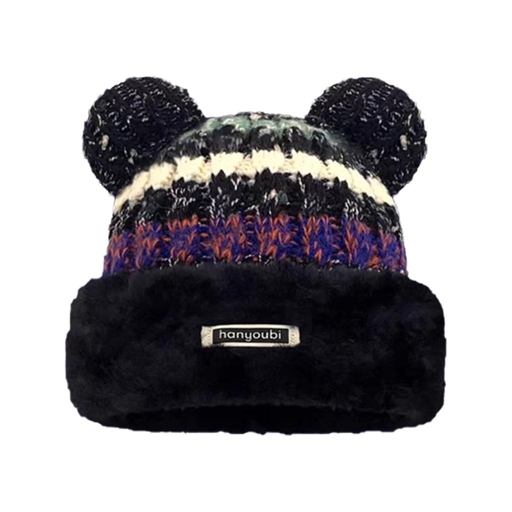 Knitted Beanie with Plush Bear Ear for Students Adult Windproof Winter Hat Striped Bear Ear Shape Keep Warm Cycling Hat