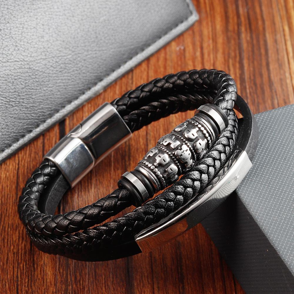 Black Leather Rope Cowhide Men's Double-layer Genuine Leather Woven Bracelet Handmade Multi-layer Leather Bracelet