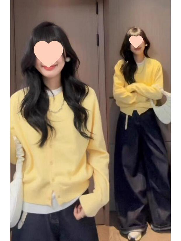 

Korean Style 2025 Two-Piece Knit Sweater: Soft Milk Yellow Long Sleeve Cardigan Top 2XL (Recommended 130-150 Jin)