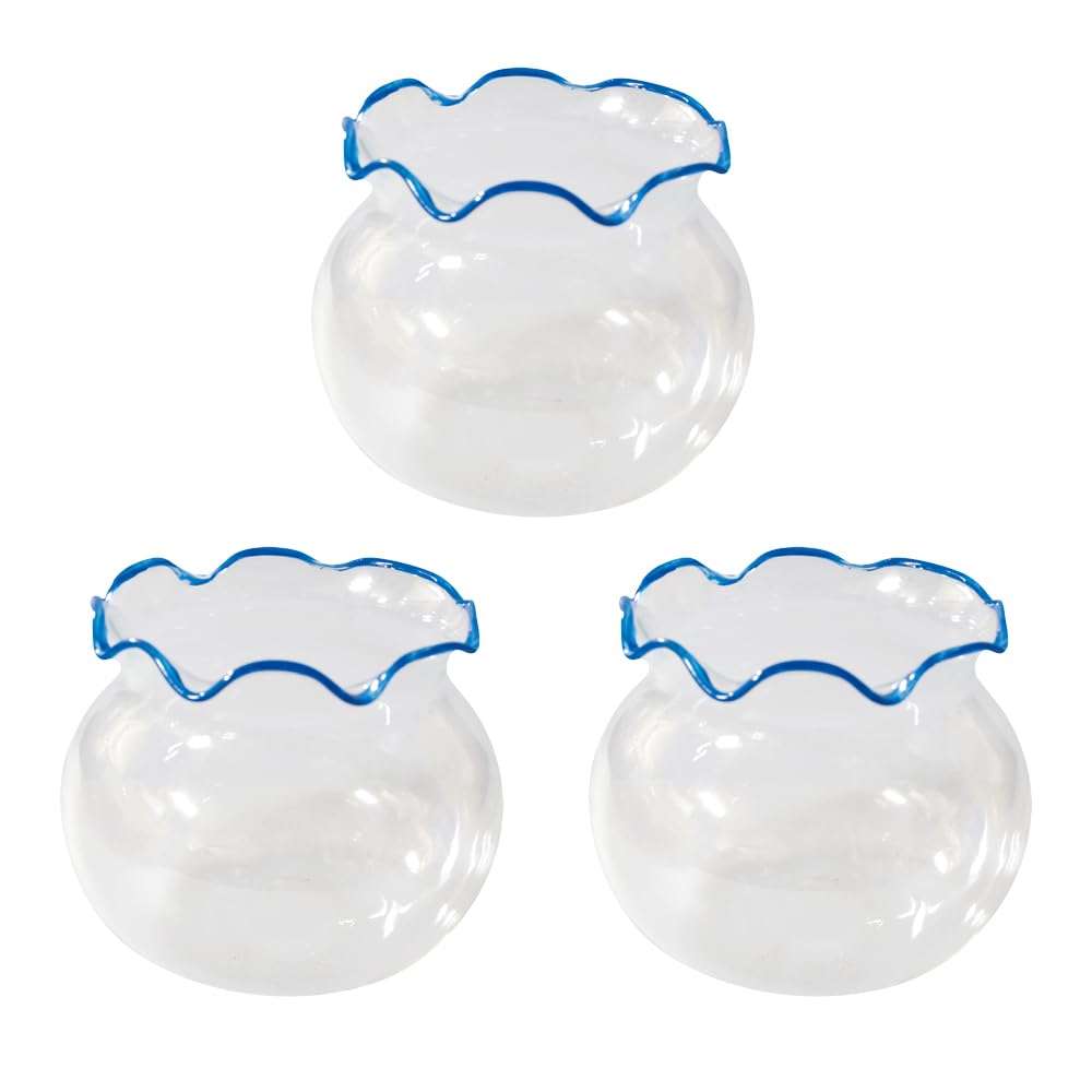 Fourcart Cute Handmade Glass Miniature Goldfish Bowls, 9cm Diameter, Blue, Set of 3