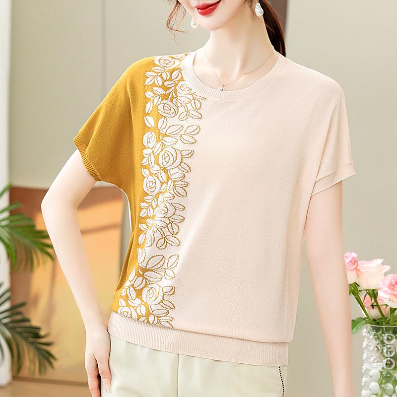Mid-Age Women s Color Block Ice Silk Batwing Sleeve Loose Knit Top Size 115 бежевый миндальный