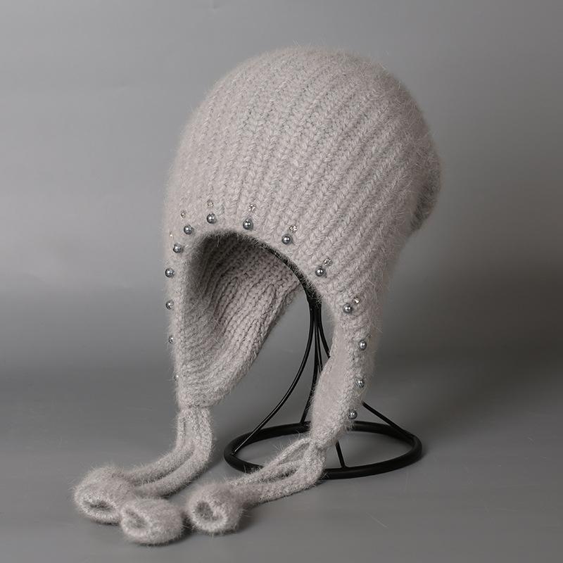 Autumn and winter new women's rabbit fur hat pearl hemming thickened knitted hat cold neck protection women's hat