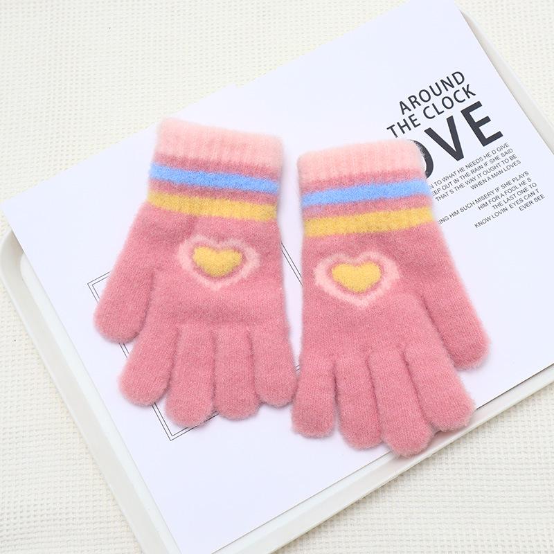 Girls' Winter Cherry Heart Gloves - Cute, Warm, Cold-Proof Five-Finger Gloves for Kids.