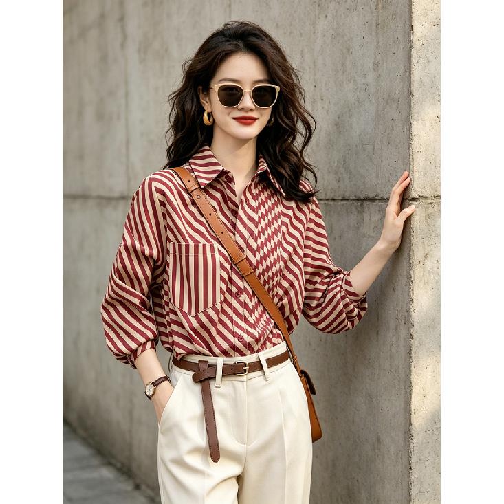 Women s vintage commuter shirt, collared long-sleeve shirt with striped print, red and white striped design, loose-fitting and stylish top Asian S красный