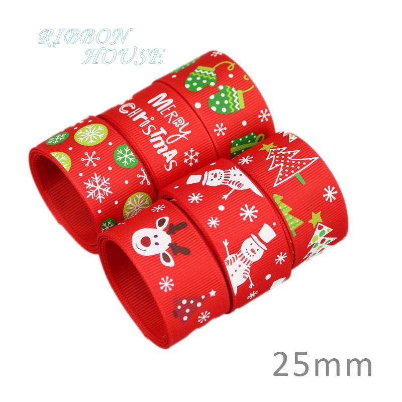 (10 meters/lot) 1" (25mm) Red printed White snowflake Grosgrain Ribbon christmas gift ribbons