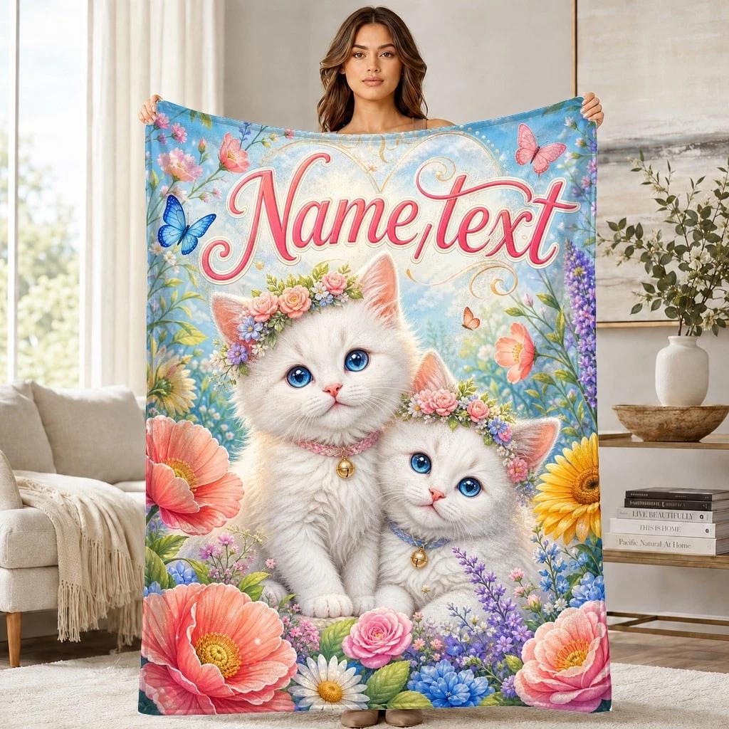 White Kittens Flower Crowns Coral Fleece Blanket Cute Cat Decor