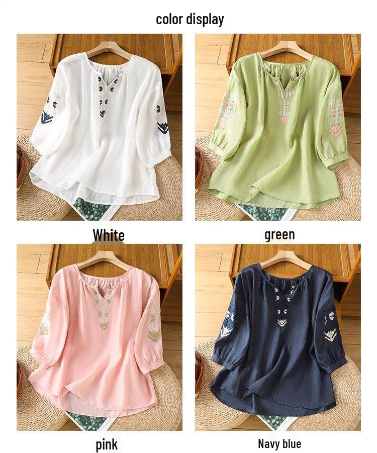 Women's Ethnic Cotton Linen Embroidered Lantern Sleeve Top