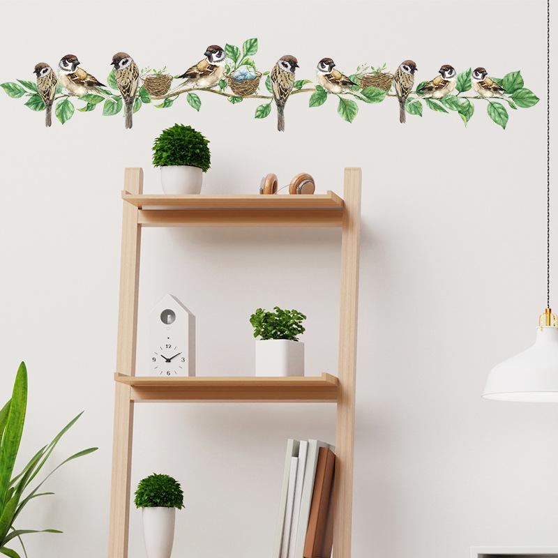 Cute Sparrow In Nest On Branch Wall Stickers Whimsical Woodland Wall Art for Kids Room and Kindergarten Decor