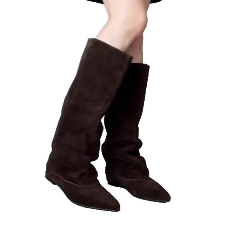 Cowhide version~ Retro pointed inner height-increasing knight boots for women's 2025 autumn and winter new versatile and thin pleated piled boots