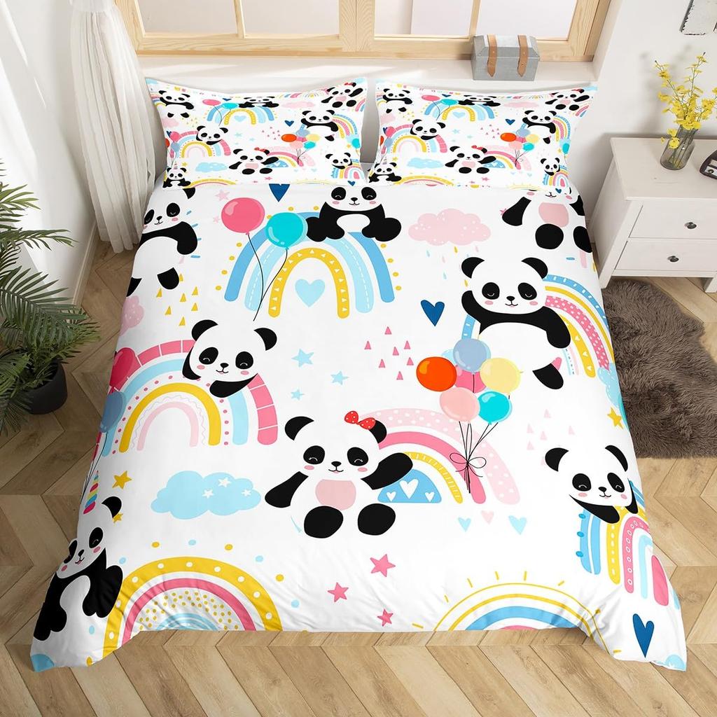 Cute Red Panda Duvet Cover King Size,Pink Love Stars Bedding Set Kawaii Cartoon Animals Comforter Cover Girly Sweet Quilt Cover