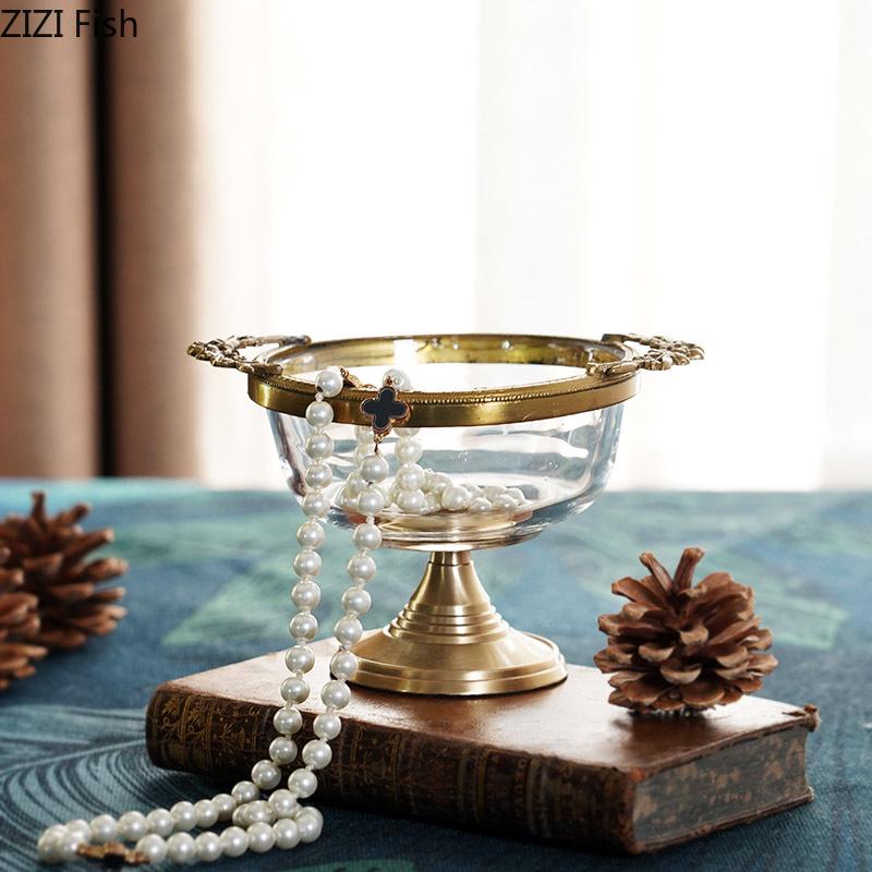 Brass Glass Fruit Plate European Retro High Foot Plate Ice Cream Dessert Plate Jewelry Plate Home Kitchen Decoration Tableware