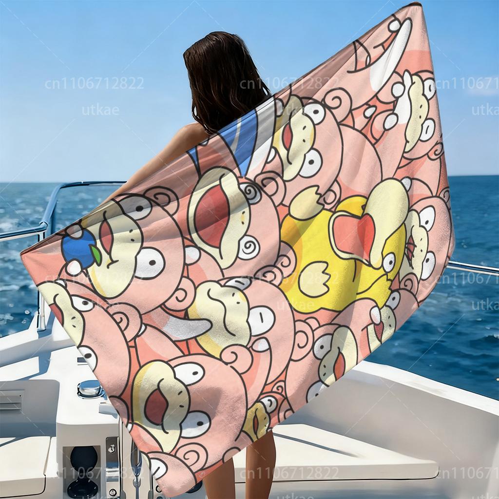 Cute Cartoon Beach Towel Psyduck & Slowpoke Oversized Microfiber Towel for Yoga Camping Outdoor