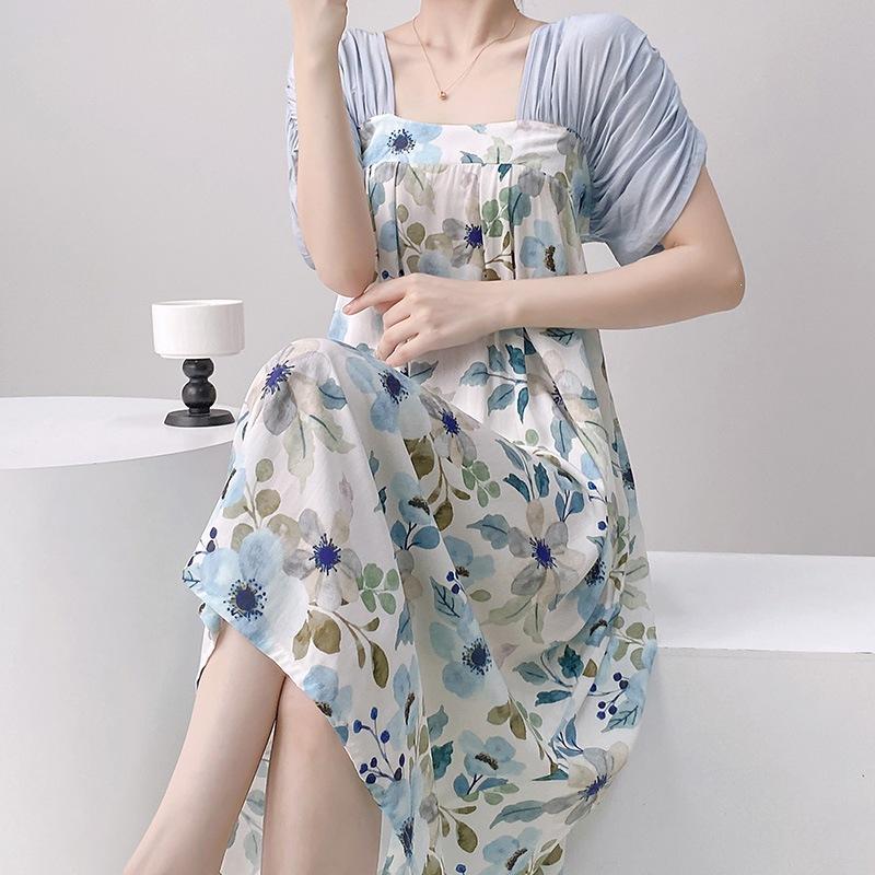 Women's nightgown thin short-sleeved printing light luxury simple breathable casual loungewear long skirt can be worn outside