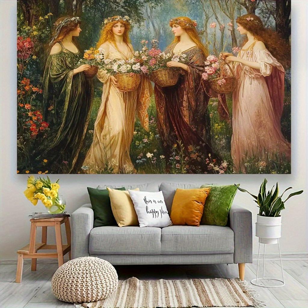 Four Seasons Women Garden Art Tapestry Floral Dress Wall Hanging Vintage Painting Home Decor Romantic Living Room Art Print