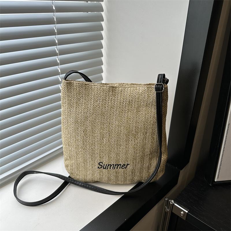 Woven Bag Women's New Large-capacity Letter Shoulder Bag Outdoor Leisure Lightweight Inclined Bucket Bag