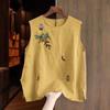 Top Colete Casual Solto Feminino Amarelo Mostarda Sem Mangas Gola Redonda Bordado Libélula