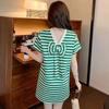 Women's Casual Black White Stripe V Neck Button T Shirt Dress