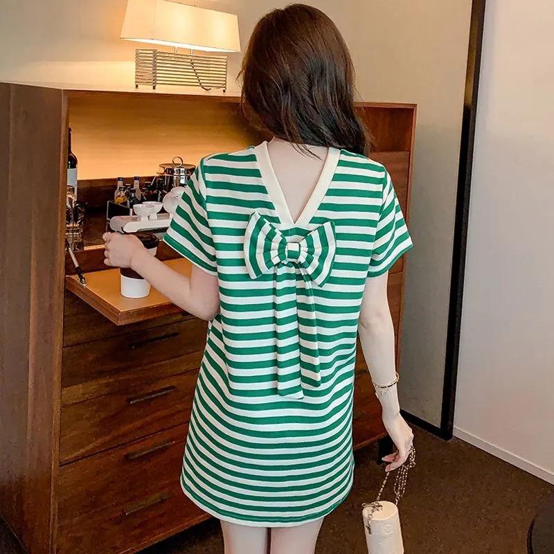Women's Casual Black White Stripe V Neck Button T Shirt Dress