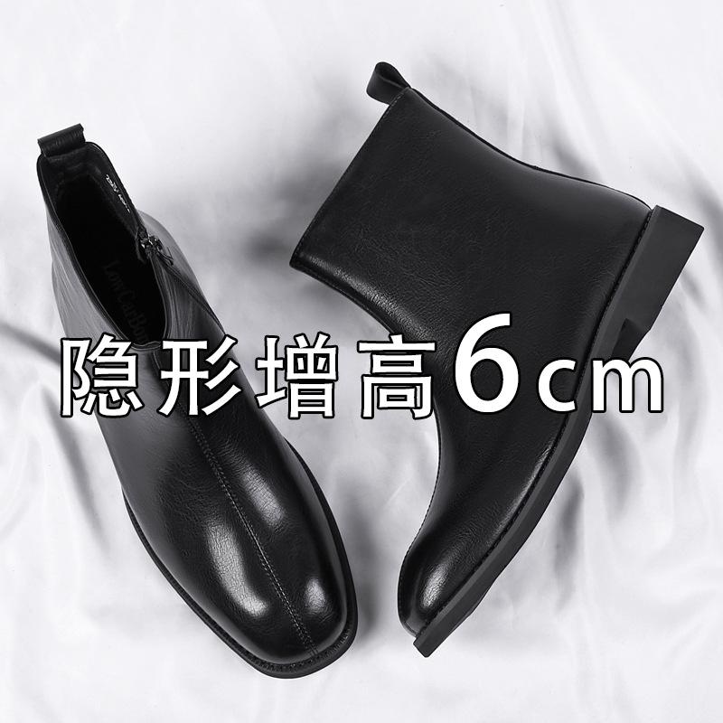 Chelsea boots men's winter velvet zipper British leather shoes men's high-top black inner height-increasing Martin boots men's
