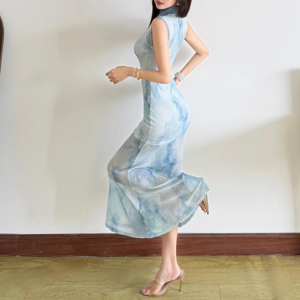 2026 European and American pure desire sexy celebrity temperament style improved cheongsam waist mesh yarn hip-wrapped dress women