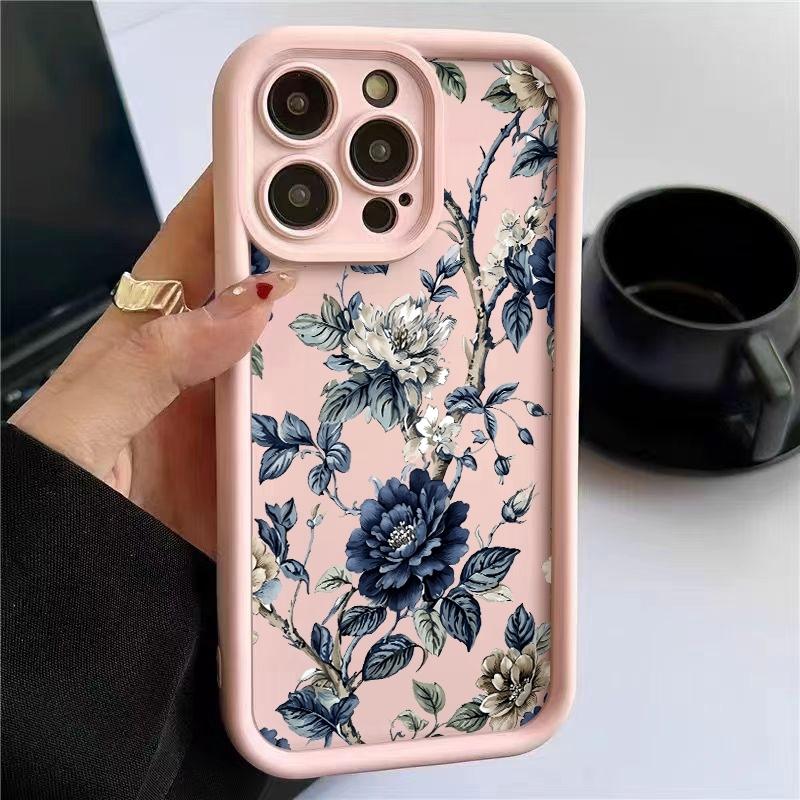 White and Blue Floral Branch Phone Case For Xiaomi Redmi Note 14 13 Pro Plus 5G 12 11 10 Pro 4G Redmi 13 14C 13C 12C Candy Cover